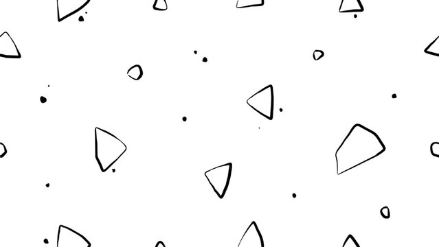 Minimalist seamless pattern with hand drawn irregular triangles and scattered dots in black ink on a white background for modern artistic textile prints