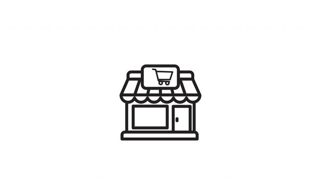 Simple black line drawing store icon with roof awning and shopping cart symbol. Suitable for website, app icons, logo design.