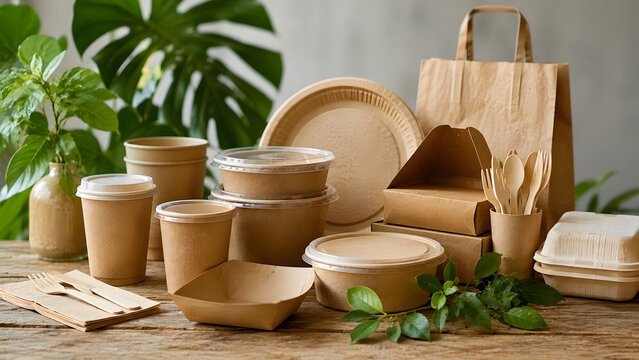 Eco-friendly biodegradable food packaging and disposable tableware on wooden table