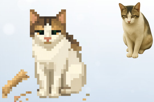 Cute Pixel Art Cat with Realistic Reference