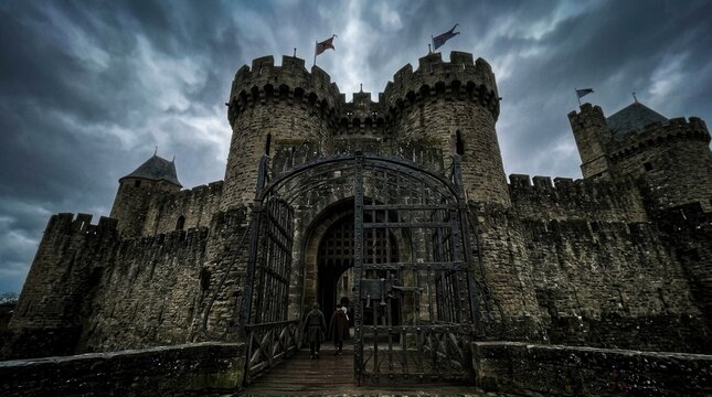 Imposing Medieval Castle Gatehouse Under Dramatic Stormy Skies.