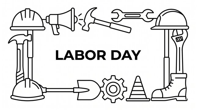 Labor day celebration background featuring a frame of construction tools and safety equipment in a line art style