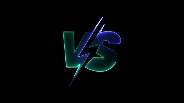 Versus vs logo with glowing blue and teal neon letters separated by a lightning bolt separator on a black background, competition and battle concept motion graphic loop animation for video editing