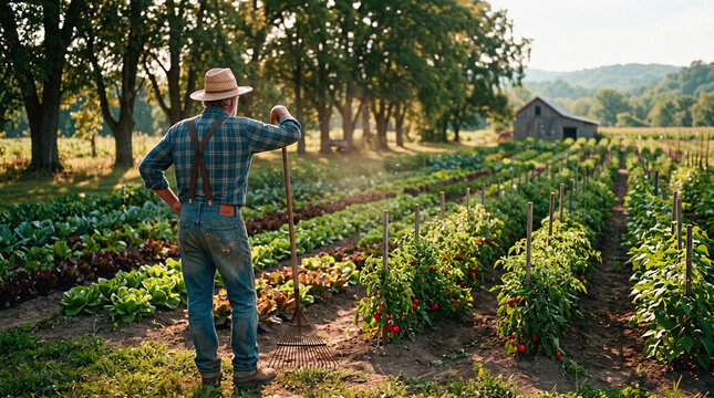 Farmer tending vegetable rows in a sunlit organic garden