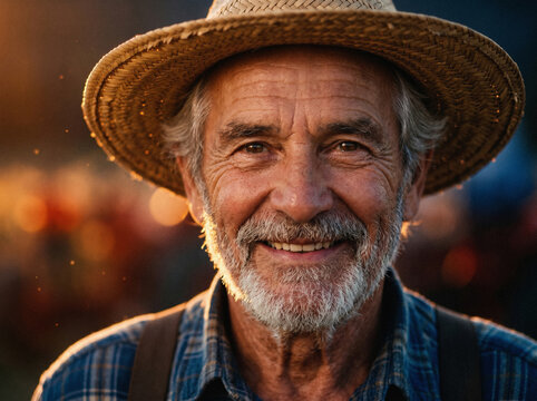 Smiling senior farmer in straw hat at sunset, close-up
