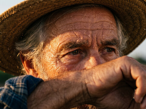 Elderly farmer in straw hat wiping sweat at golden hour