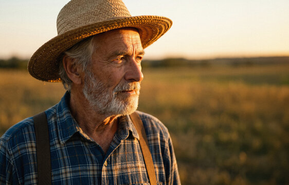 Elderly farmer in straw hat at sunset in rural field