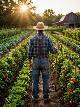 Farmer with rake in vegetable garden at sunrise near barn