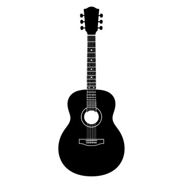 A minimalist black silhouette of an acoustic guitar isolated on a clean white background for music design