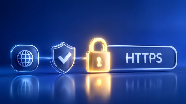 Secure internet browsing protocol concept showing glowing neon https text with digital lock and verified shield icons for advanced web data protection and private online communication