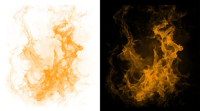 Fiery orange smoke trails on black and white backgrounds, ethereal flame wisps and swirling heat vapor, abstract fire texture for design overlays