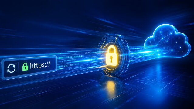 High speed encrypted web connection concept featuring an https internet browser bar transforming into a glowing blue digital data stream for secure corporate cloud network infrastructure