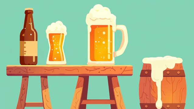 Beer beverage served in glass and wooden barrel on table. Collection of alcoholic drink elements in flat design style for brewery menu or celebration background.