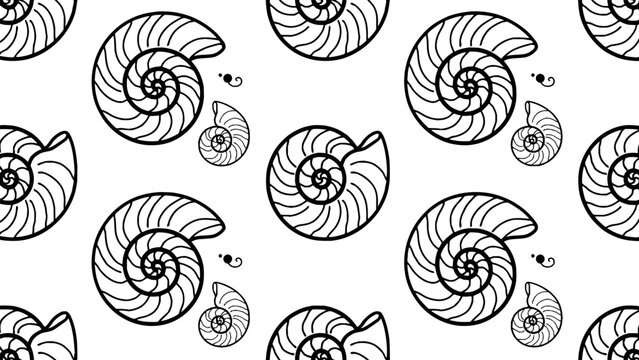 Seamless pattern of nautilus shells and ammonite fossils featuring logarithmic spirals in a clean black and white line art illustration