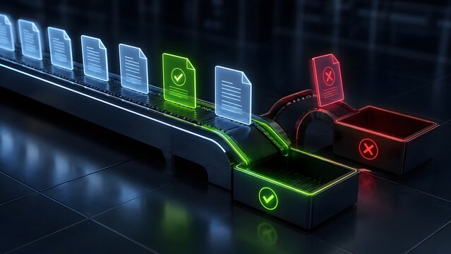Advanced digital file sorting system showing a futuristic conveyor belt processing glowing blue documents and filtering them into approved green checkmarks and rejected red warning status bins