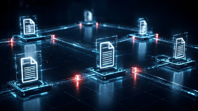 Distributed digital ledger technology interface showing interconnected network nodes represented by glowing blue document icons for secure cloud computing and decentralized enterprise database