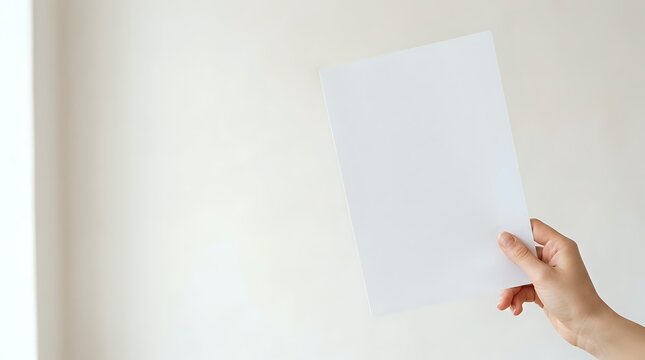 Caucasian woman's hand holding blank white paper sheet against neutral beige wall background, suitable for mockups, presentations, and advertising campaigns.