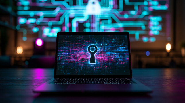 Laptop Displaying Cyber Security Keyhole Icon with Digital Circuitry