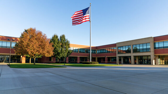 American Flag Waving Outside Public High School Building in Autumn
