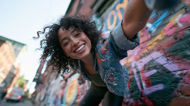 Smiling Young Female Artist Taking Selfie near Urban Graffiti Wall