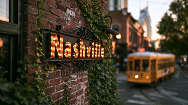Illuminated Nashville Sign on Brick Wall with City Street Background