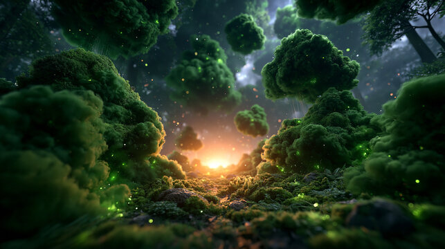 Enchanted Forest Landscape with Floating Mossy Islands and Magic Light