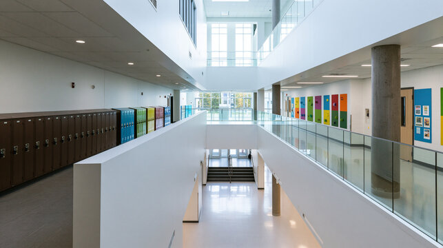 Modern Empty School Hallway and Atrium with Lockers