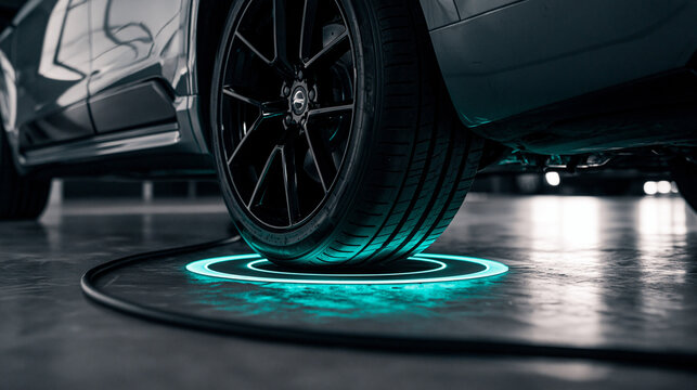 Electric Car Wheel Parked on Glowing Wireless Charging Pad