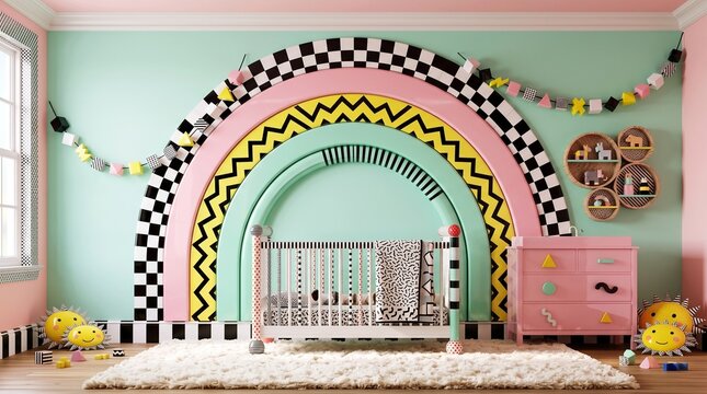 Colorful Baby Nursery Interior with Rainbow Arch Wall Decor