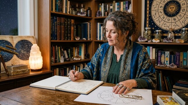 Female Astrologer Writing in Journal with Birth Chart in Cozy Library Study