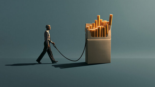 Man Walking Cigarette Pack on Leash Illustrating Smoking Addiction Concept
