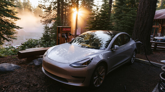 Electric Vehicle Charging at Forest Station During Sunrise