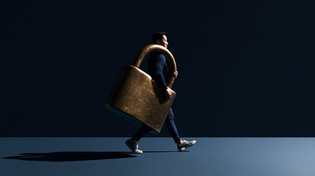 Businessman Carrying Large Padlock Representing Cyber Security and Data Protection