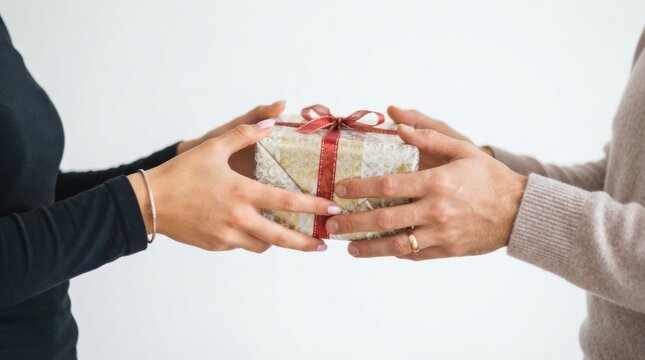 Two people exchanging a wrapped gift with ribbon close up for celebration banner and present giving background design