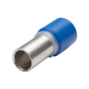 Insulated blue wire ferrule connector showing metallic silver sleeve for secure electrical cable termination process detail