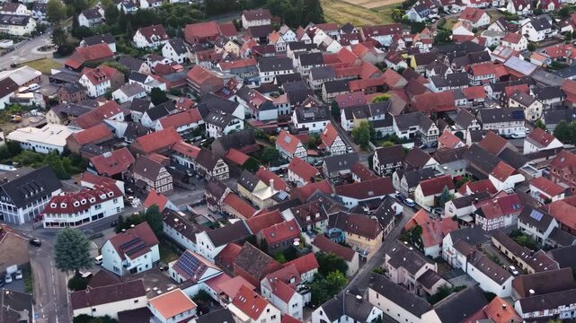 Aerial panorama view around the old town beside the city Mittelbuchen, 63454 Hanau in Germany on a sunny summer noon