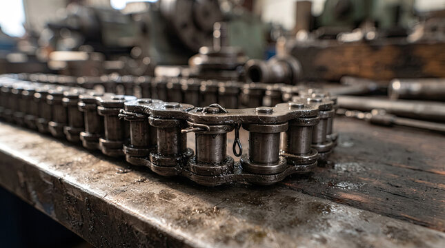 Close-up of an oiled roller chain on a wooden workbench