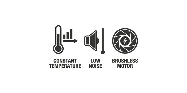 Constant temperature low noise and brushless motor icons on transparent background.