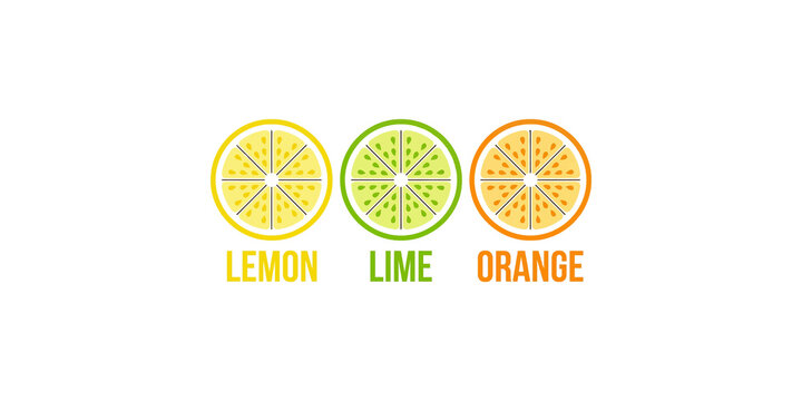Citrus fruit slice icons labeled as lemon lime and orange with text labels.