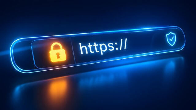 Secure HTTPS connection with glowing padlock and shield icons in a sleek, futuristic browser address bar, symbolizing online data protection and internet safety.