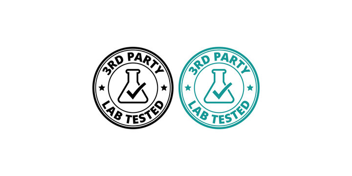 Third party lab tested round stamps with scientific beaker icons.