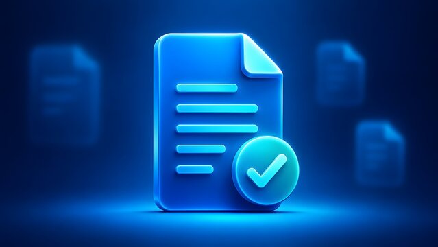 Modern digital document with a prominent checkmark signifying successful completion, verification, or approval within a sleek, abstract blue virtual environment.