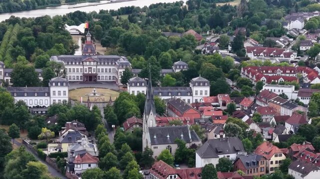 Aerial panorama view around the old town beside the city Hanau am Main in Germany Hesse on a sunny summer noon