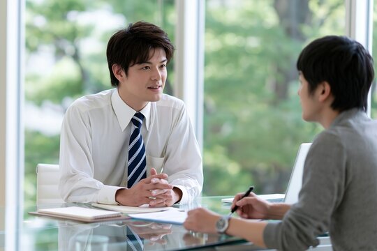 ビジネスシーンで働く若い日本人男性2人が会議室で真剣に打ち合わせ