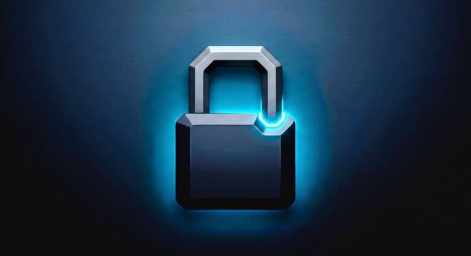 minimalist dark obsidian padlock icon with glowing cyan neon light edge accent.3d isometric minimalist padlock icon crafted from dark matte titanium and obsidian, featuring a precise laser.