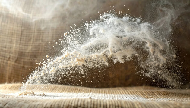 Dynamic flour explosion captured mid-air, showcasing texture and motion for baking and culinary arts