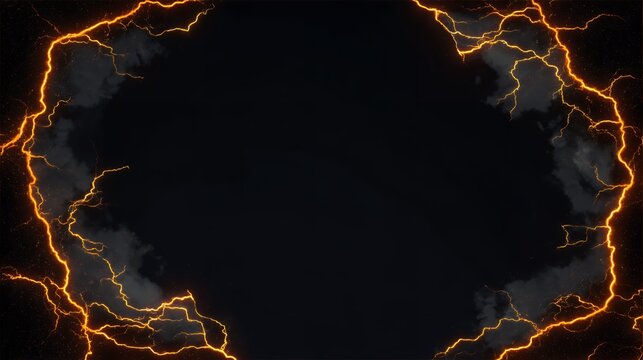 Abstract frame of fiery orange lightning and dark smoke clouds, electrical energy border with empty space for text