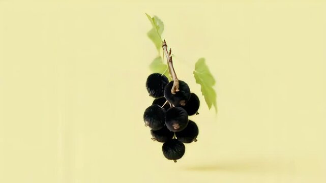 Hanging blackcurrant cluster with green leaves gently swaying against a soft pastel yellow background natural still life
