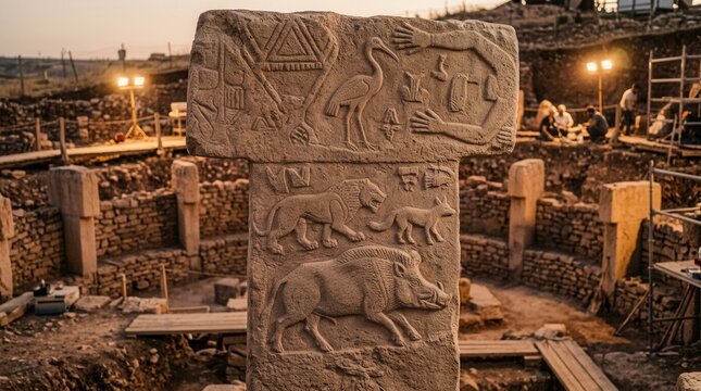 Ancient G?beklitepe Stone Pillar with Carvings of Animals and Figures.