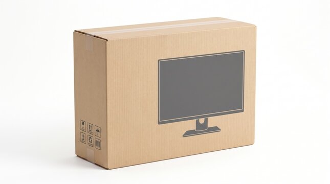 Cardboard box for computer monitor, brown corrugated shipping carton with screen icon, electronic device packaging on white background